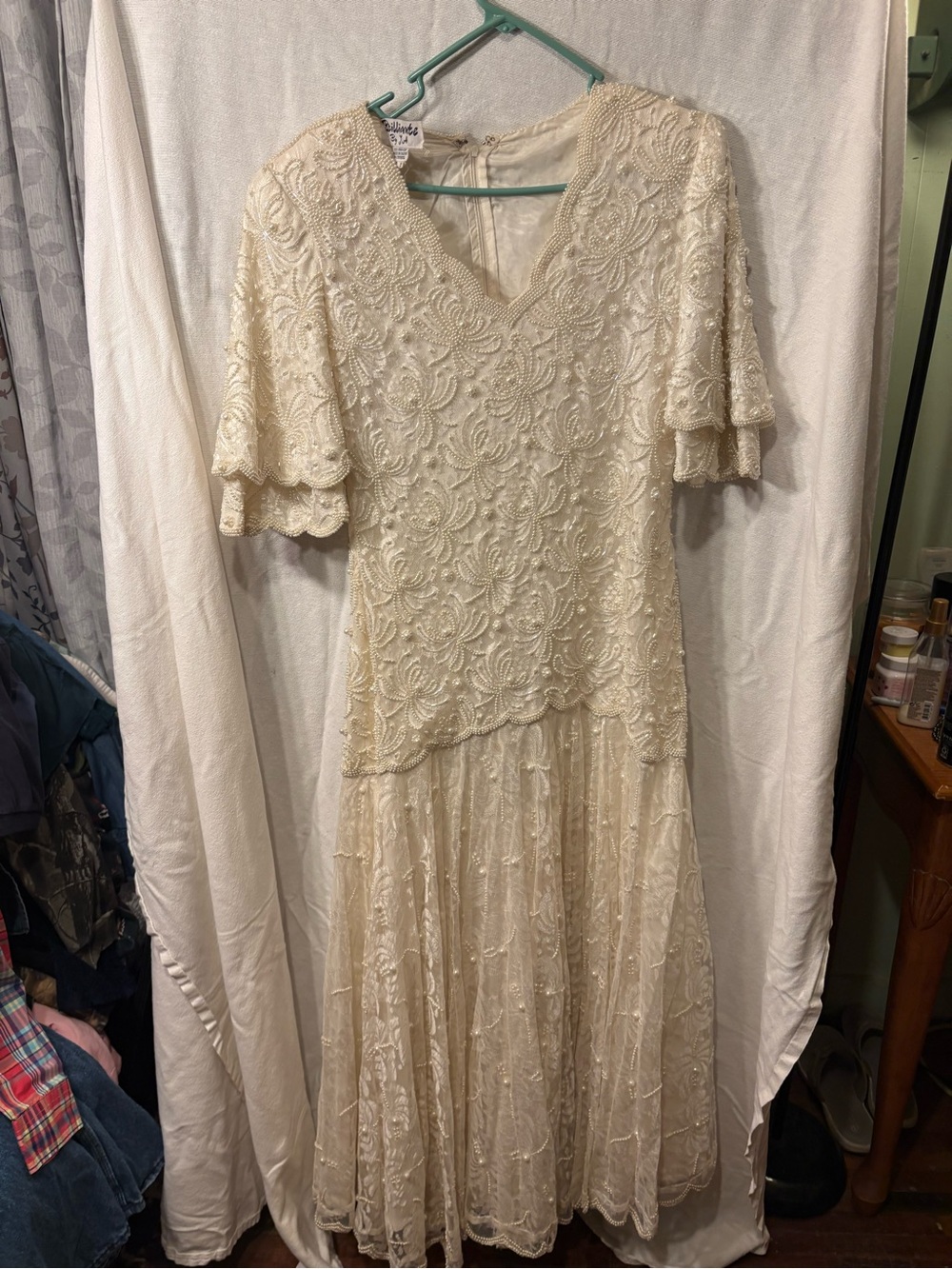 Beaded Cream Lace Midi Dress with V-Neck